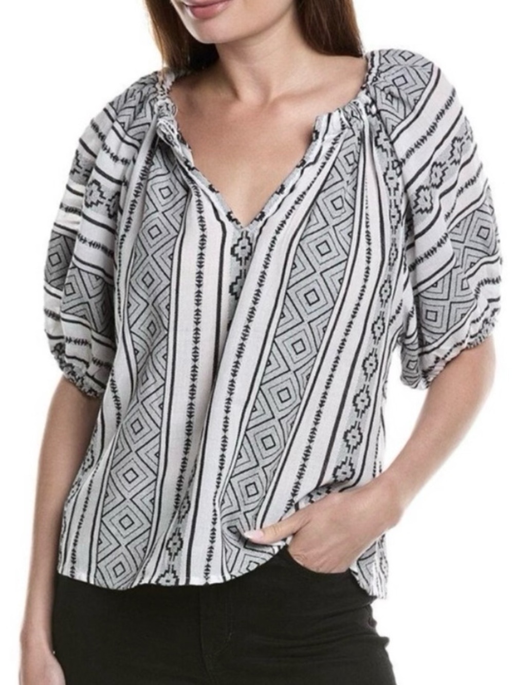Velvet by Graham & Spencer Kimmmy Boho Black & White Tribal Print Top Sz L NWT
